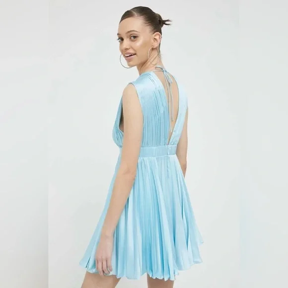 Abercrombie & Fitch Plunge Pleated Satin Mini Dress Sky Blue XLT Tall Long NWT - Picture 2 of 16